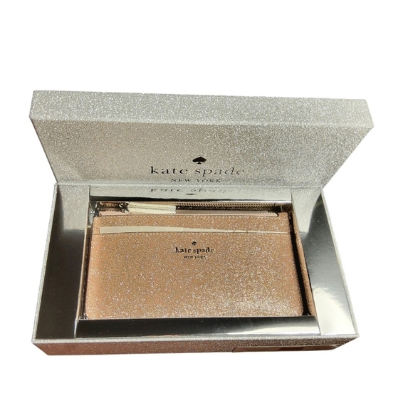 KATE SPADE BOXED LARGE SLIM CARDHOLDER IN ROSE GOLD GLITTER - Picture 9 of 10